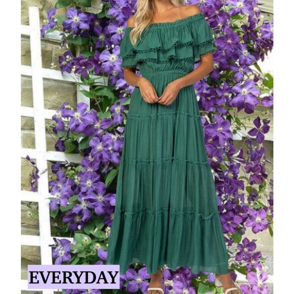 PinkBlush Green Off Shoulder Eyelet Tiered Maternity  or Everyday Dress Size L - Picture 8 of 9